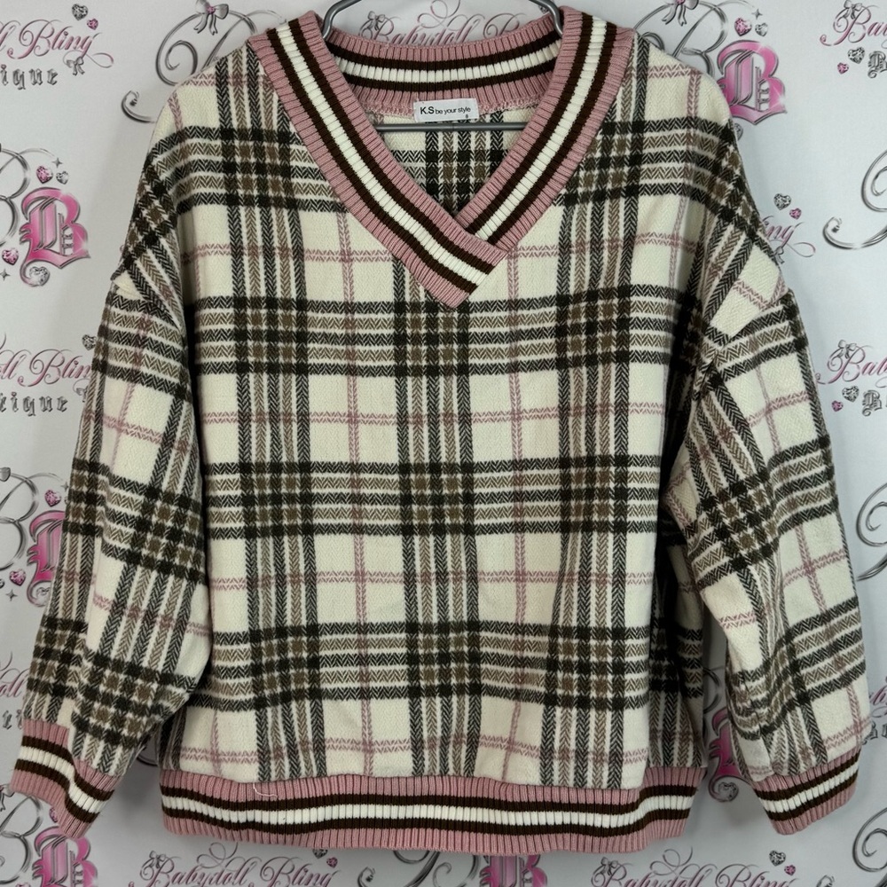 K.s be your style sweater stripes Plaid V-Neck Sweater - Cream and Pink knit